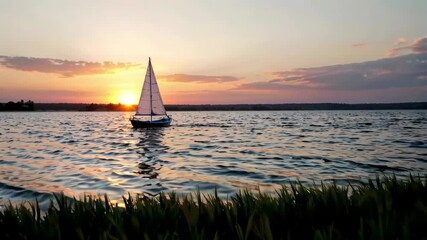 Sailing boat sight on the lake under the setting sun Sailing shadow at sunset Beautiful lake view