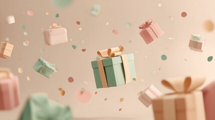 soft pastel 3d scene with floating gift boxes and minimal dreamy shopping elements