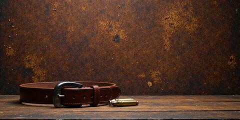 Rustic Brown Leather Belt with Metal Buckle Resting on Weathered Wooden Surface Against a Patina Metal Background