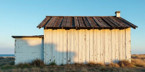 A weathered seaside structure, characterized by its aged wooden planks and a rustic roof, stands solitary against a clear, tranquil sky.