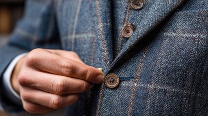 Man Buttoning Up Classic Blue Tweed Blazer in Elegant Tailoring Setting with Hands Close-Up