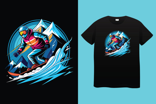 Dynamic black and white t shirt design featuring a snowboarder mid air against a mountain and forest landscape