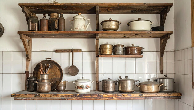 Vintage kitchen with rustic cooking tools on display
