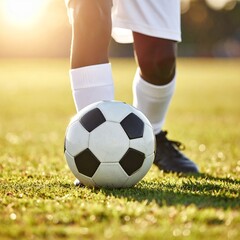 Fototapeta premium Soccer players legs and a soccer ball on a green grass field during a sunny day, ready for a game or practice.