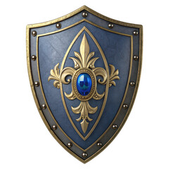 Ornate medieval fantasy shield with blue gemstone and gold trim, isolated on transparent background