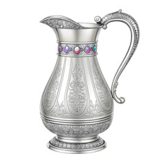 Ornate antique silver metal pitcher or ewer decorated with colorful gemstone inlay isolated on transparent background