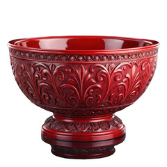 Ornate antique red lacquer carved bowl with intricate floral scrollwork design on pedestal base isolated on transparent background