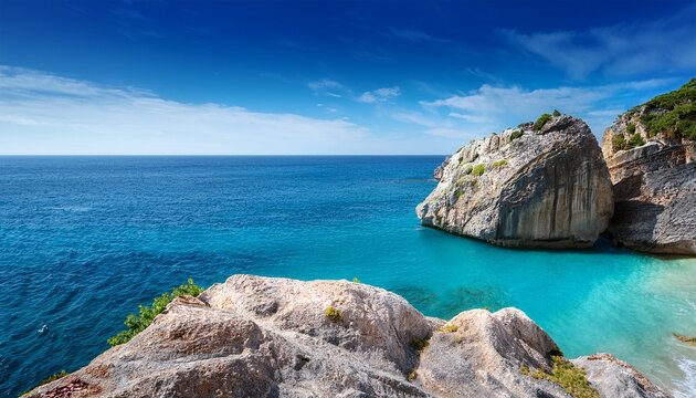 scenic coastal landscape majestic rock formation overlooking tranquil blue waters on a serene beach - Powered by Adobe