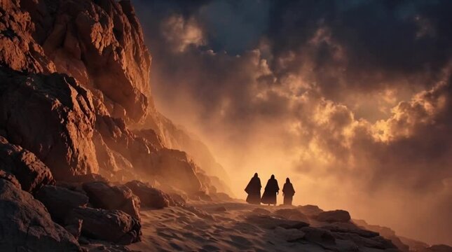 Three Wise Men Silhouette Walking Desert Path Dramatic Sky