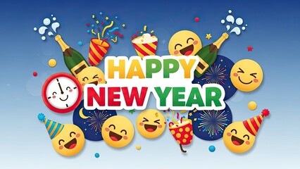 Happy New Year celebration background with champagne and emoji faces greeting