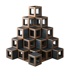 Pyramid stack of dark metal hollow cube blocks with bronze inner edge isolated on transparent background