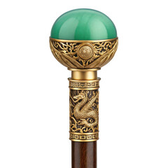 Ornate antique walking cane handle with green jade sphere and golden dragon motif isolated on transparent background
