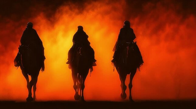 Three Wise Men Silhouette Riding Camels Desert Sunset