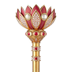 Ornate golden scepter head decorated with red enamel and pearllike stones, isolated on transparent background