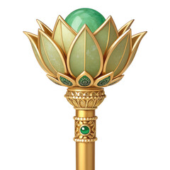 Ornate golden scepter top adorned with a carved jade lotus flower and green gemstone isolated on transparent background