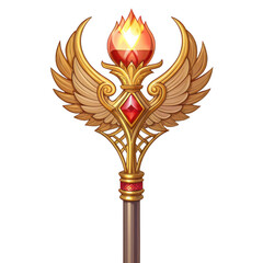 Ornate golden fantasy magic staff or scepter with flaming ruby gemstone isolated on transparent background