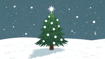 Fototapeta premium A decorated evergreen tree stands alone in a snow-covered landscape during a snowfall
