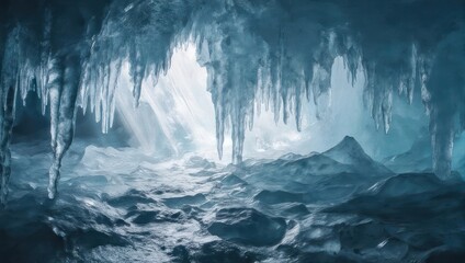 A luminescent ice cave with shimmering walls, icicles, and a sunlit opening