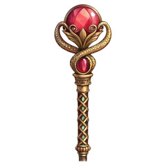 Ornate golden magic staff with large red ruby gemstone and intricate serpent design isolated on transparent background