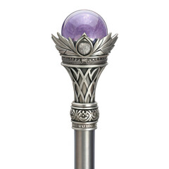 Ornate silver scepter head with a polished purple amethyst crystal ball isolated on transparent background