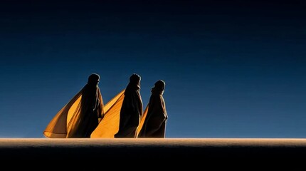 Three Wise Men Silhouette Walking Across Desert Horizon at Sunset