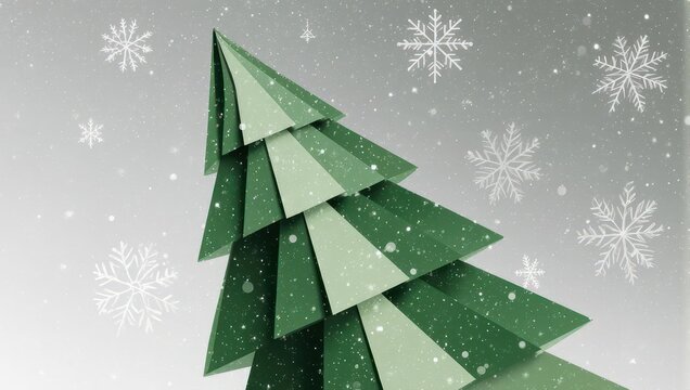 Green paper Christmas tree with snow on a gradient gray background - Powered by Adobe