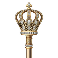 Ornate golden royal crown scepter head adorned with brilliant diamond gemstone jewels isolated on transparent background