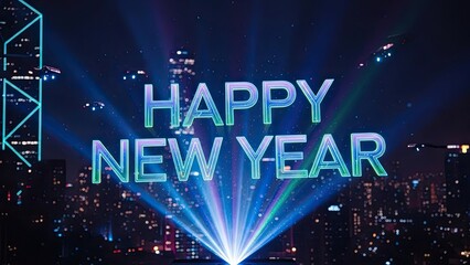 Happy New Year over city skyline with colorful lights and drones