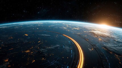 A futuristic view of planet Earth from space, featuring a glowing ring structure and a vibrant sunrise illuminating the horizon.