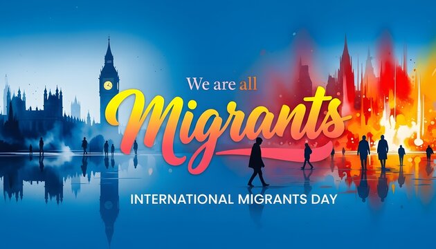 Migrants international day with city skyline illustration