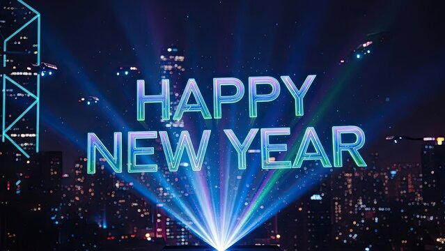 Happy New Year over city skyline with colorful lights and drones