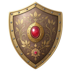 Ornate medieval knight shield with golden trim, red jewel centerpiece, and decorative leaf pattern isolated on transparent background