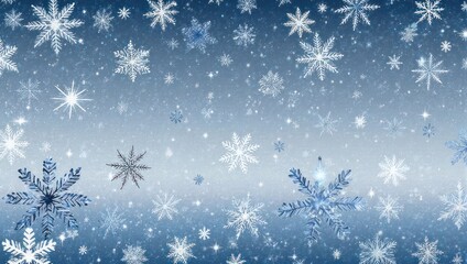 Digital image shows a gradient blue backdrop with many animated snowflakes falling