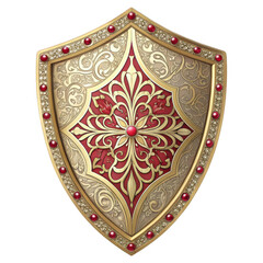 Ornate medieval shield with intricate gold engraving and red jewel embellishments isolated on transparent background