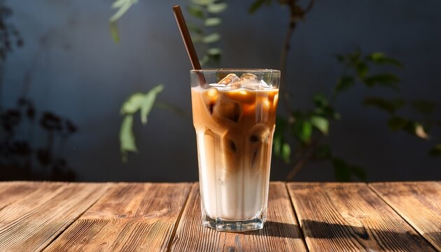 a refreshing layered iced coffee beverage with milk served in tall clear glass on rustic wooden table perfect cool drink for warm summer afternoon