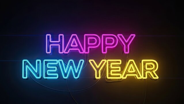 Happy New Year wishes celebration with colorful glowing neon text - Powered by Adobe