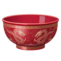Traditional chinese red ceramic bowl with golden dragon design isolated on transparent background