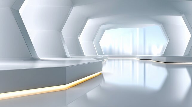 A futuristic white interior with geometric shapes, a large window, and bright lighting. The space has a clean, modern aesthetic. - Powered by Adobe