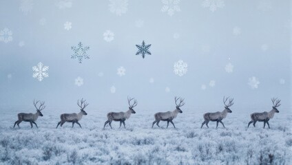 Six reindeer walking in snow-covered field under a falling snowflake sky