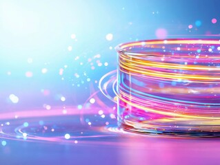 A glass cylinder with colorful light trails and bokeh against an abstract gradient background.