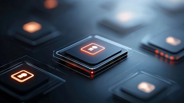 Close-up of illuminated digital interface buttons with a futuristic design, set in a dark, moody environment. - Powered by Adobe