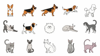 Fototapeta premium Vector illustration of a cute animal icon set, featuring cartoon silhouettes of farm and wild mammals like cats, dogs, cows, and foxes