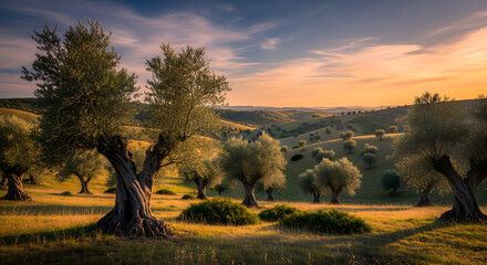 Fototapeta premium Ancient Olive Grove at Sunset in Rolling Hills