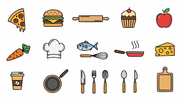 Food and drink icons set vector illustration, featuring coffee, cake, hamburger, and pizza symbols for cafe or restaurant design