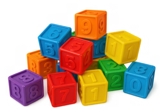 Colorful children's number blocks piled up, learning digits, counting, and early education concept, transparent background