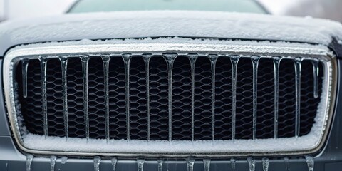 Snow Storm Icy car grill covered in frost, showcasing winter conditions and vehicle details.