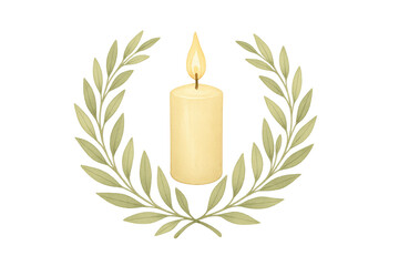 Burning candle with olive wreath watercolor illustration