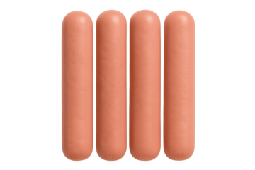 Four raw frankfurter sausages on a transparent background, depicting convenience food, protein, and grilling concepts
