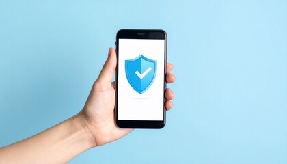 Hand holding smartphone with security shield icon on blue background.