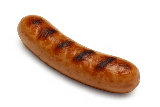 Grilled bratwurst sausage with barbecue markings, delicious cooked meat for dining, isolated on transparent background